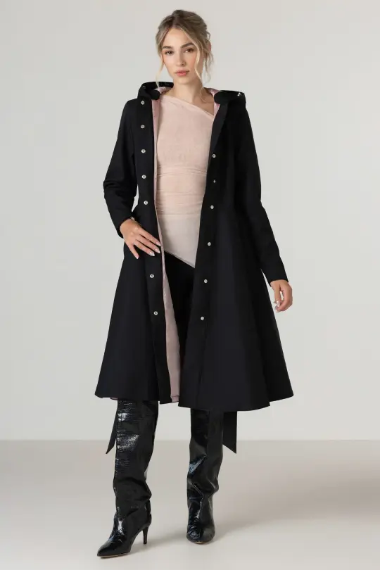 Fit and Flare Coat with Full Circle Skirts in Black and Ash Pink | Midnight Black