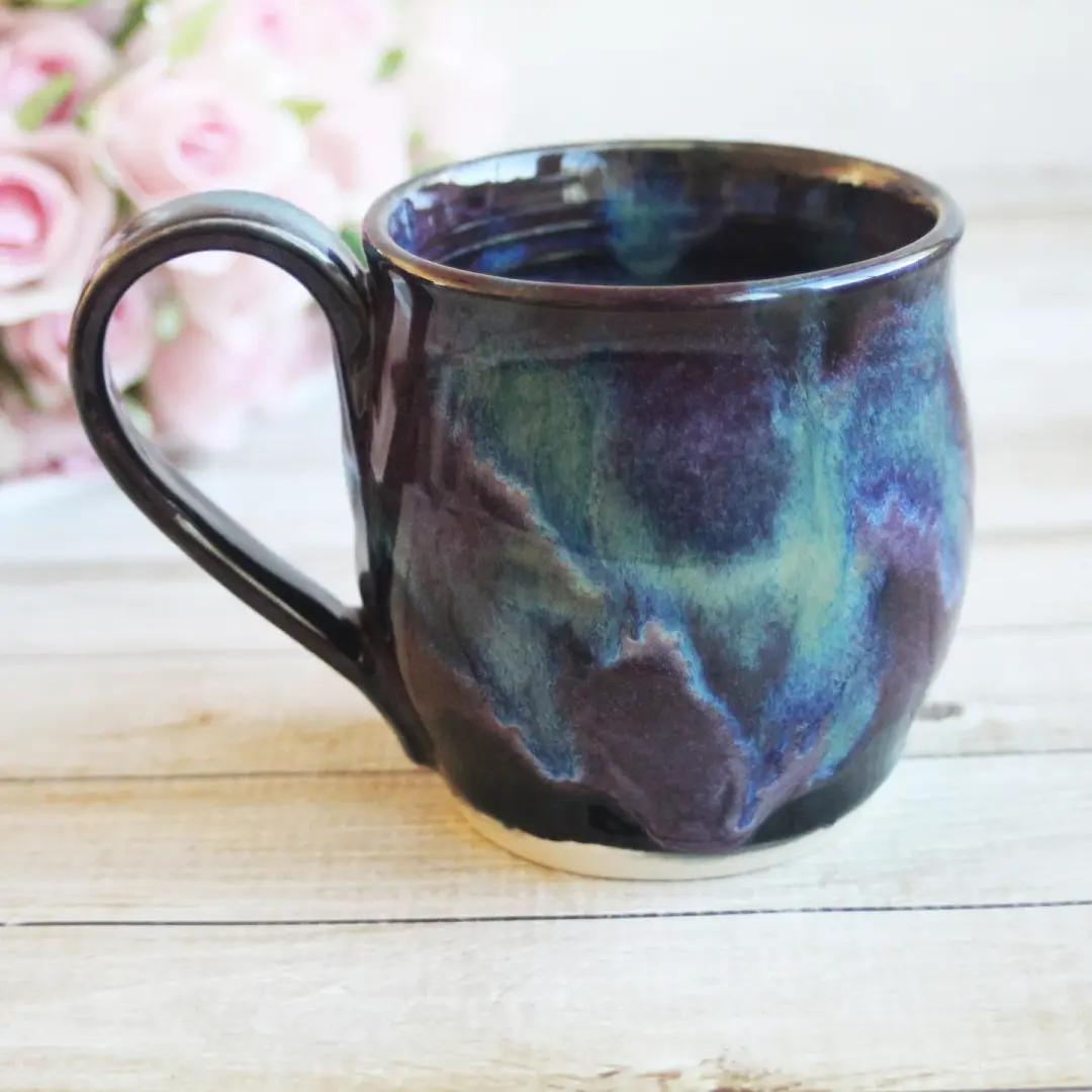 Cosmic Mug in Purple, Black and Blue Glazes, Handmade Pottery, Made in USA