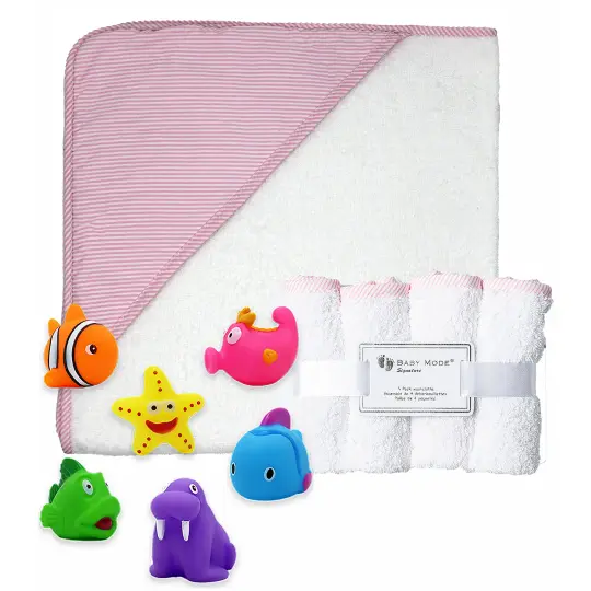 Baby Mode Baby Bath Towel, Washcloths with Bath Toys Gift Set, Pink