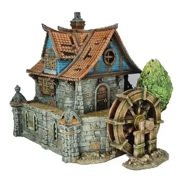 Fully painted 28mm medieval watermill house with working waterwheel — 3D-printed tabletop RPG terrain for D&D, Pathfinder & wargaming