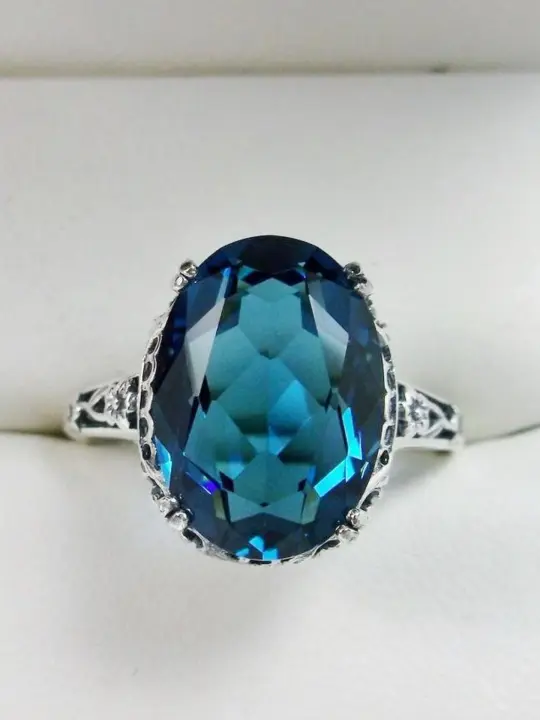 Topaz Ring, Size 8, London Blue Topaz Gemstone, Revival Edwardian Jewelry #D70 - Ready to Ship