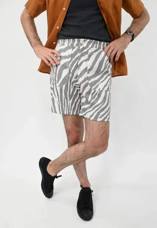 "Zebra Without a Cause" Linen Shorts - Grey Stripe