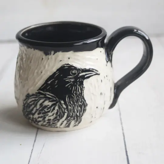 Black Crow Sgraffito Mug, Beautiful Carved Raven Coffee Cup, 12 oz., Made in USA