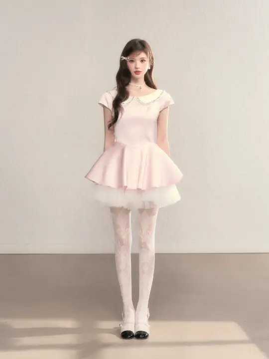 Pink baby doll collar slim waist A-line short skirt homecoming dress R5414