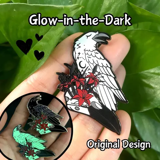 Glow In The Dark Ghost Raven Hard Enamel Pin | 2” Black & Silver Plating | Original Art