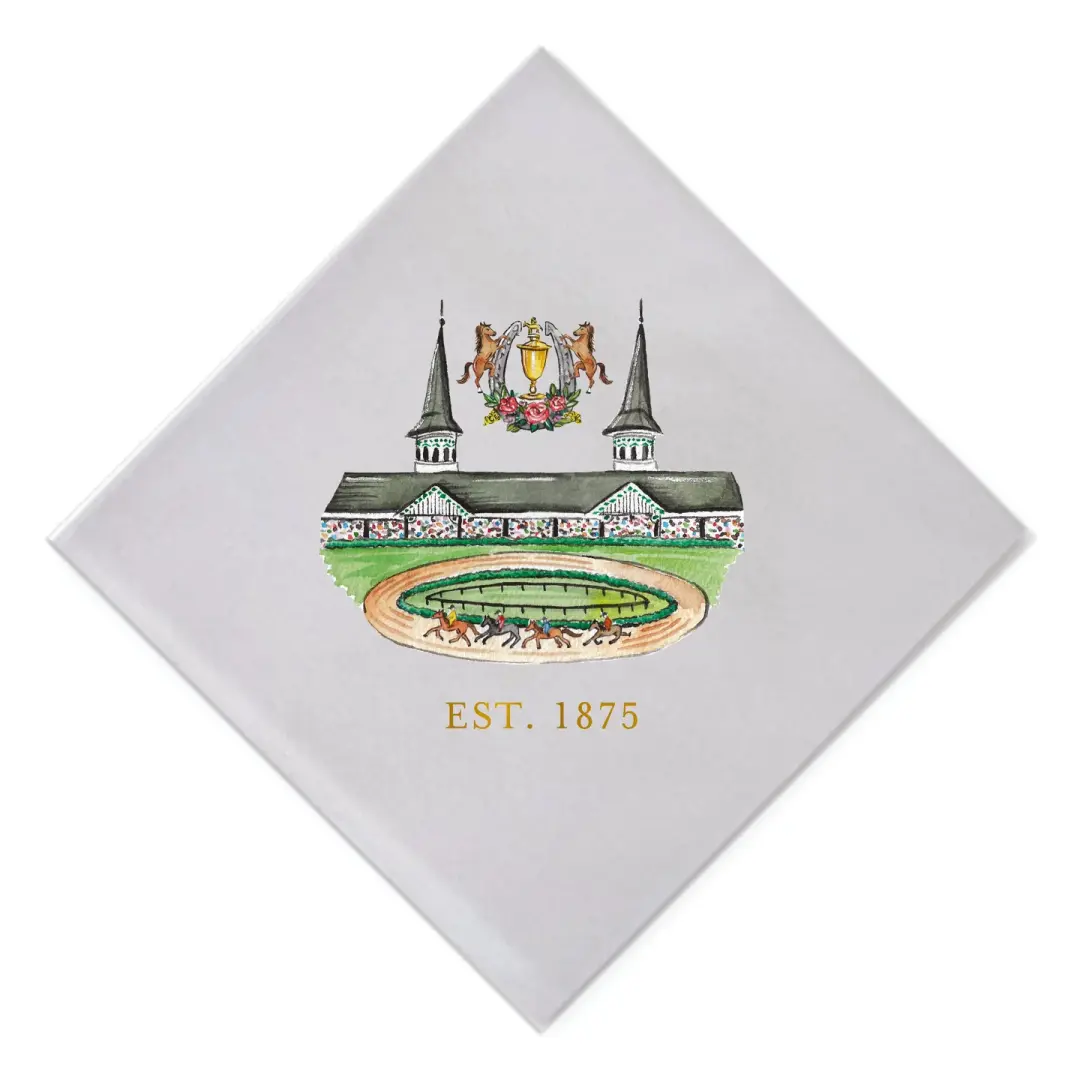 Full Color Elegance watercolor Kentucky Derby + gold foil est. 1875 Cocktail Napkin on white linen