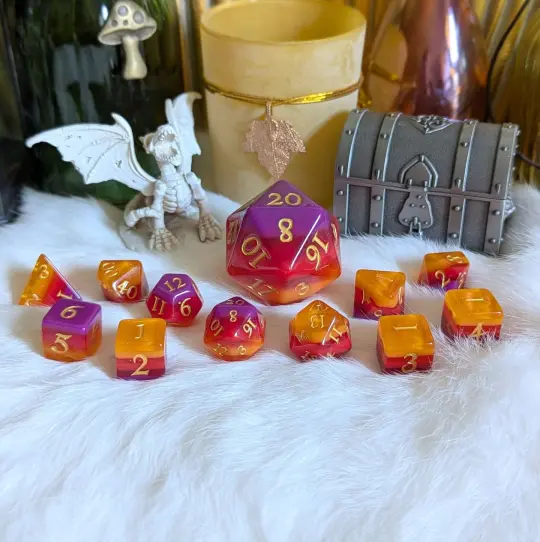 Emberstorm Dice Set – 11-Piece Fiery Layered DnD Dice with Gold Font | Fennek & Finch