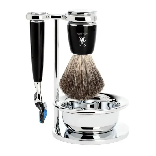 MÜHLE RYTMO 4 Pc. Shaving Set, Pure Badger Brush & Gillette® Fusion™ Razor, Black