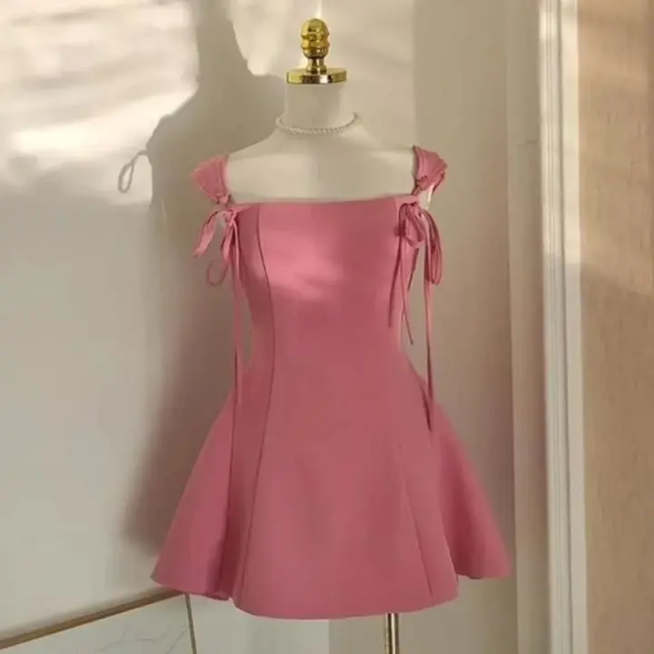 Pink suspender waist A-line short skirt homecoming dress R3243