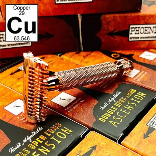 The Copper Ascension Twist-Adjustable Double Open Comb Safety Razor | High Shine & Rose Gold Plated