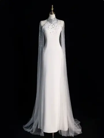 Elegant White Sheath Halter Long Wedding Dress with Tulle Train and Beading around the Neck RS146