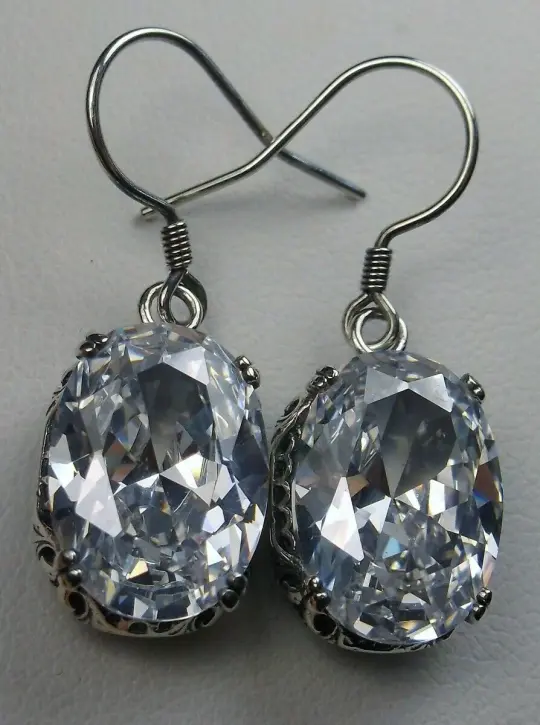 Oval Earrings, White CZ, Edwardian Jewelry #E70