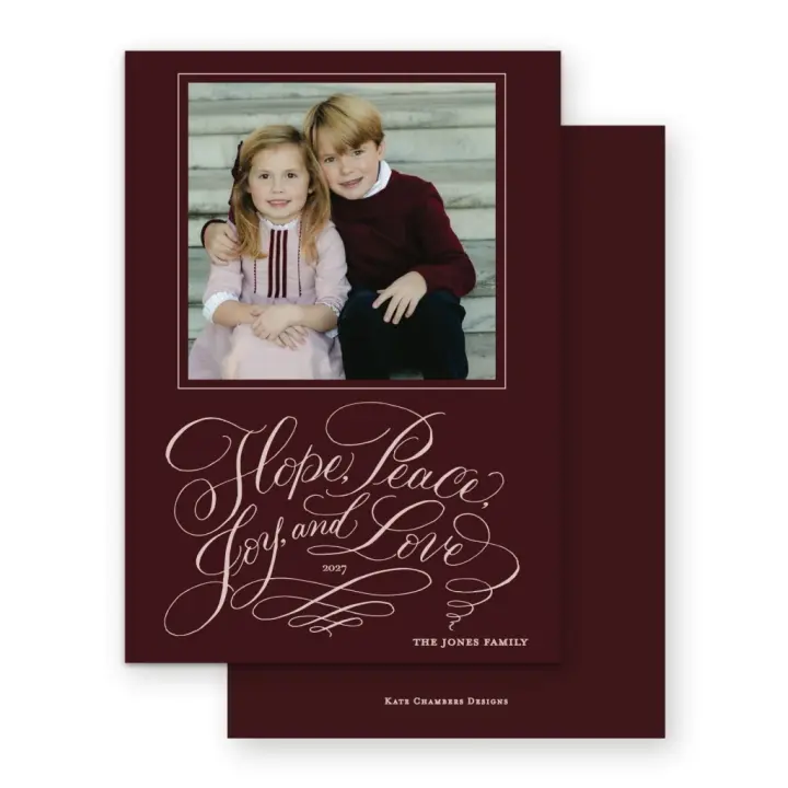 Pink on Claret "Peace, Hope, Joy, & Love " Holiday Card