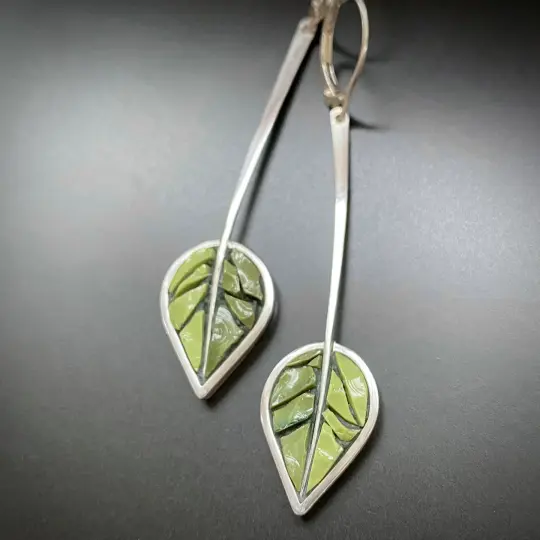 Green Leaves with Stem Earrings