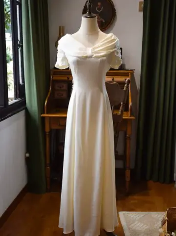 French Chic White A-Line Portrait Chiffon Maxi Prom Dress Summer Dress RS514