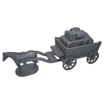 Highly detailed unpainted resin miniature of a horse-drawn wooden wagon. The cart features four spoked wheels, a driver's bench, and a bed loaded with a large tarp-covered mound of cargo secured by ropes, with tied-down barrels resting on top. The draft horse wears a harness and stands on a small oval base.