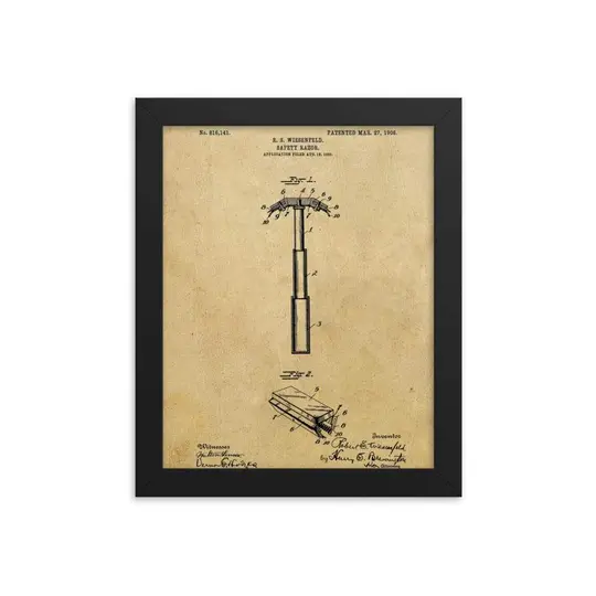 Vintage "Folding Head" Safety Razor Patent Drawing Framed Print