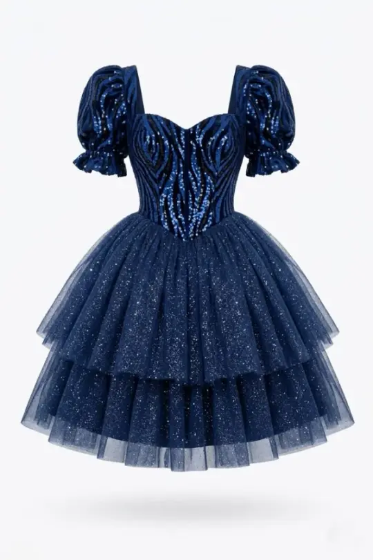 Tulle Glitter Tiered Corset Homecoming Dress , Dreamy Navy Short Prom Dress Birthday Dress RS2143