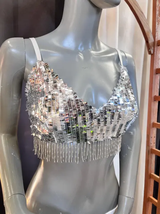 Silver Reflective Mirror Sequin Tank With Tassels