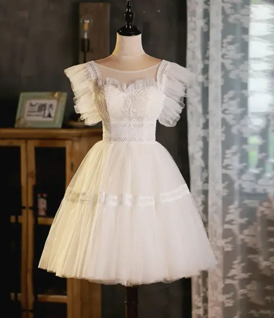 Cute White Homecoming Dress , Embroidered Tulle Pretty Corset Short Prom Dress Cami Dress RS1693