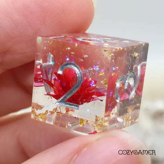 Red Flower and Gold Sharp Edge Resin Dice Set. 7 Piece DND dice set with real dried flowers.
