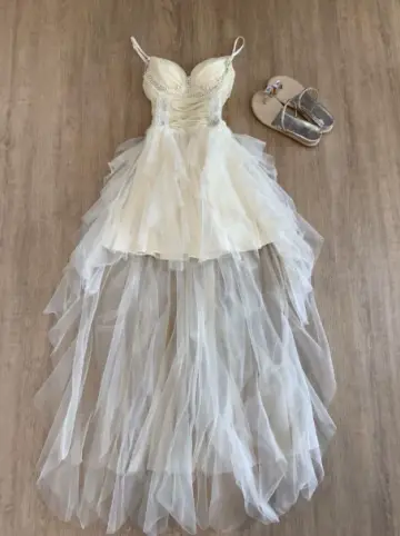 Elegant Ivory Beaded A-Line Spaghetti Straps Corset Hi-Lo Prom Dress RS755