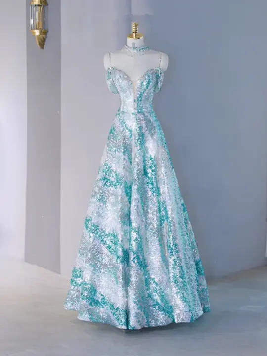 Light blue strapless fitted long ball gown R9043