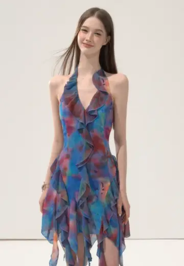 Tie-Dye Halter Neck Mini Dress With Ruffle Trim And Asymmetric Hem R9288