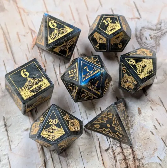 Everwild Labradorite Gemstone Dice – Forest & Mountain Etched 7-Piece Set | Fennek & Finch
