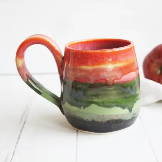 Handmade Ceramic Coffee Mug in Orange and Green Glazes, Made in USA