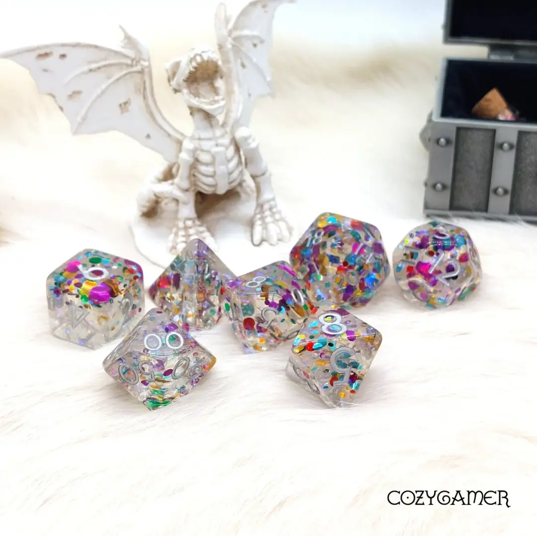 Glitter Explosion Dice Set – 7-Piece Clear Resin Rainbow Glitter Confetti DnD