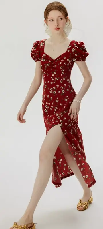 French floral dress red dress summer petite red dress long skirt female high-end wear R3492