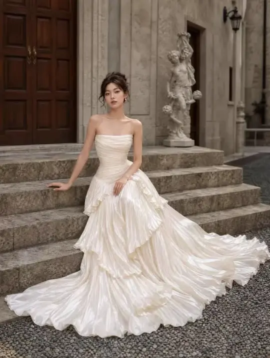 Sparkly White A-Line Strapless Tulle Silky Corset Maxi Wedding Dress RS2007