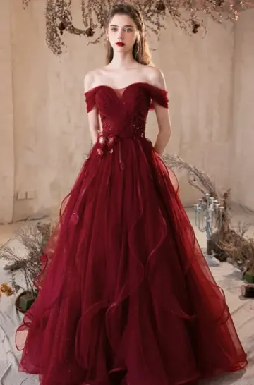 French Chic Burgundy A-Line Bateau Applique Maxi Evening Dress Prom Dress RS461