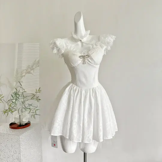 White lace short sleeve waist slim fit short skirt homecoming dress R4350