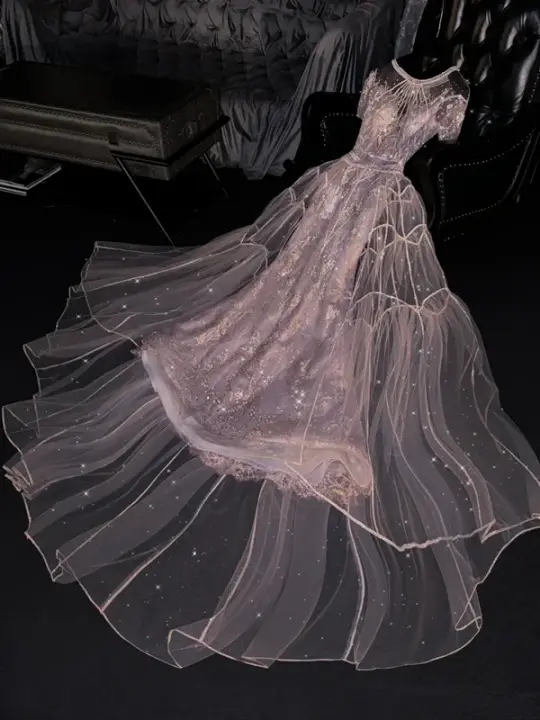 Light purple round neck fitted waist long elegant ball gown, bridal dress R8765