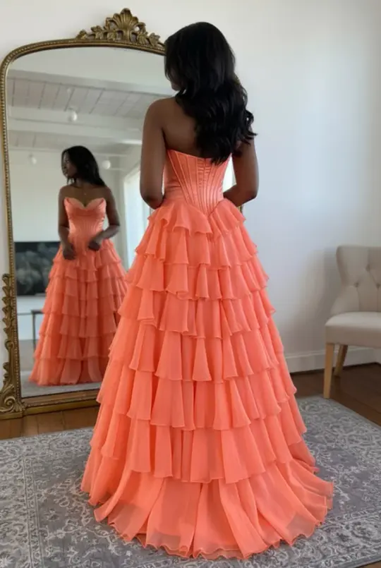 Vibrant Chiffon Pleated Prom Gown Orange Women's Corset Maxi Evening Dress Holiday Dress RS2870