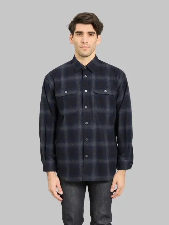 Momotaro Jeans MMLS6001 Wool × Cashmere Ombre Check Shirt Navy