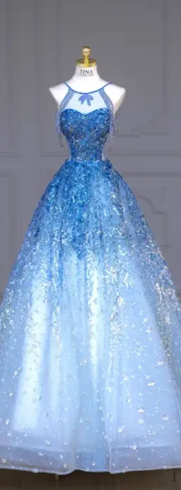 Blue Gradient Sequin Fitted-Waist Slim-Fit A-Line Long Ball Gown / Bridal Gown R5891