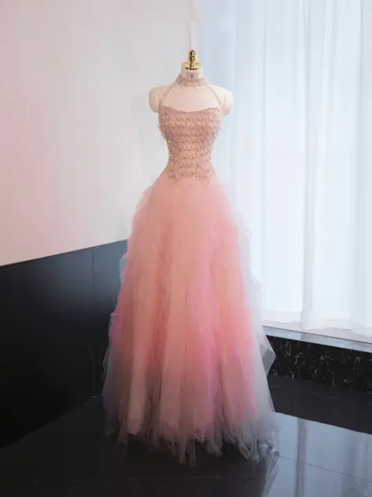 Light pink halter neck fitted waist long ball gown, bridal gown R8962