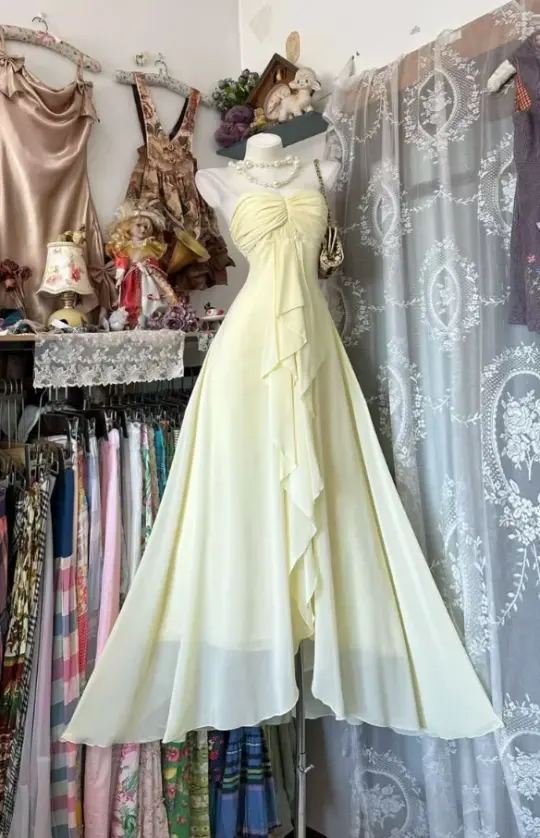 Elegant Pastel Yellow Ruffled Empire Waist A-line Strapless Corset Maxi Prom Dress Summer Dress RS482