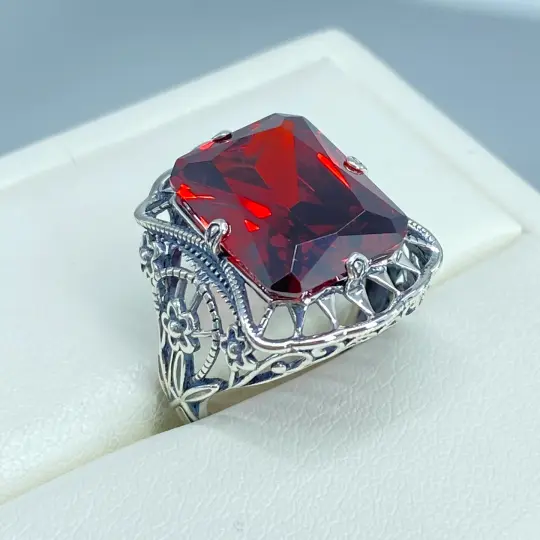 Garnet CZ Ring, Size 7, Cushion Cut Gem Victorian Floral Filigree, D147 - Ready to Ship