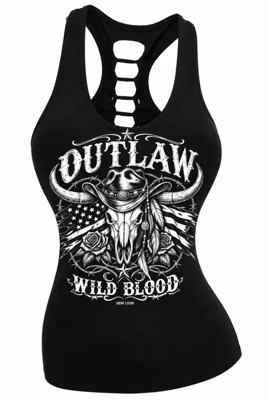 Outlaw Wild Blood Longhorn Skull Cowgirl Biker Slashed Back Tank