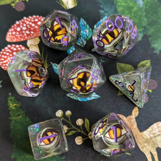 Green Eye DnD Dice Set Purple Font – 7-Piece Green Resin Eye Inclusion Dice