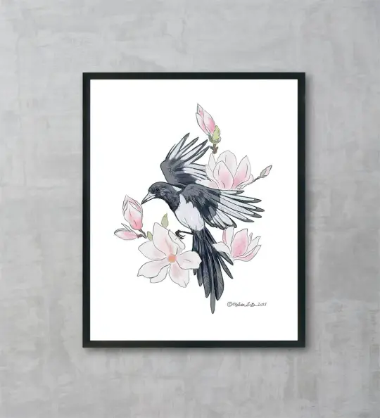 Magpie and Magnolia Flowers Fine Art Print