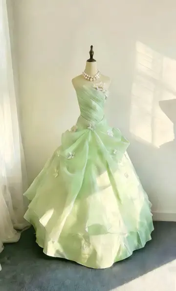 Light green strapless, fitted waist, full skirt, long ball gown R9046