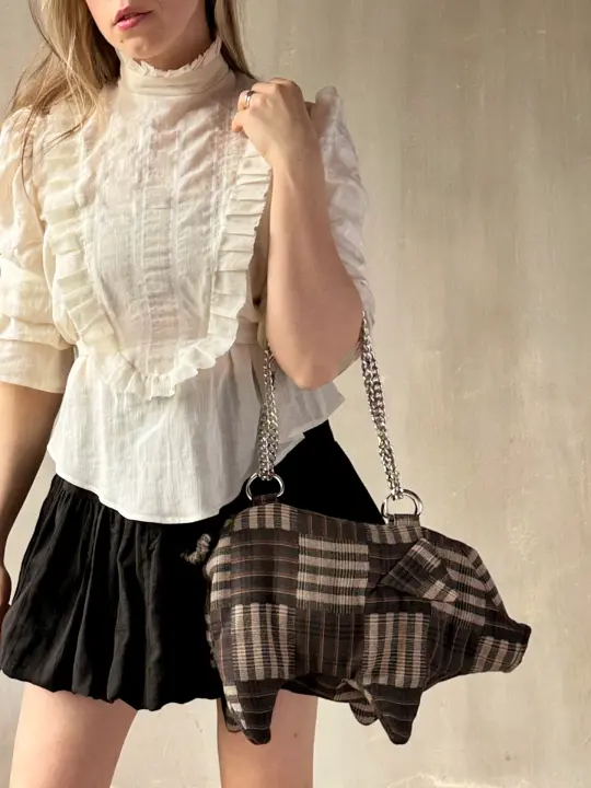 Spring '26: "Peggy" the Plush Pig Purse in Plaid Patchwork Cotton (Pre-Order)