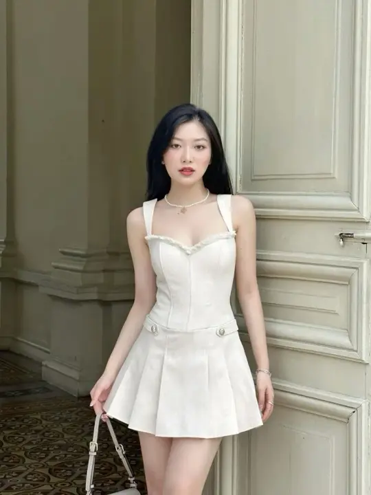 White suspender tube top waist slimming A-line pleated skirt homecoming dress R3903