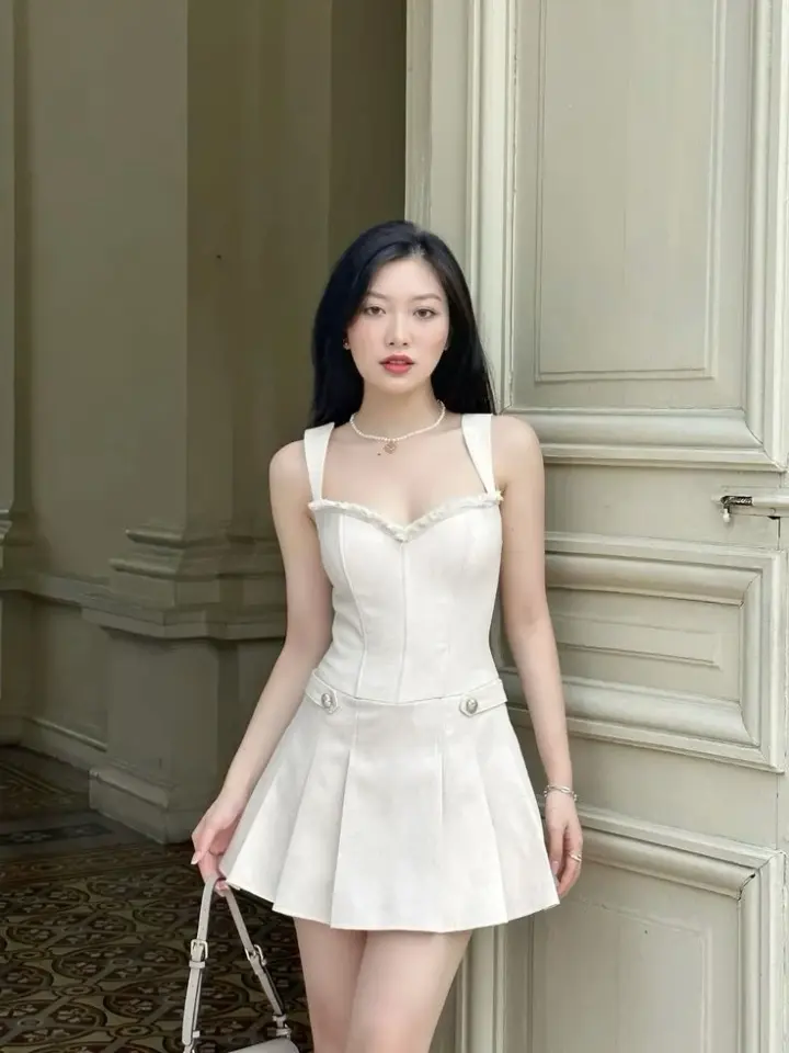 White suspender tube top waist slimming A-line pleated skirt homecoming dress R3903