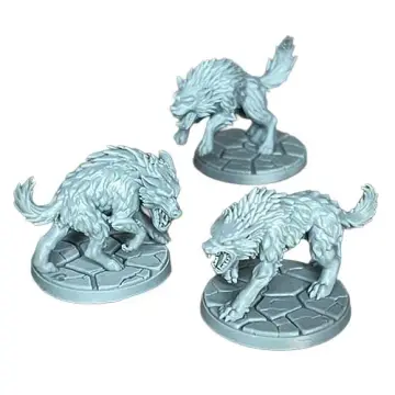 A group of three unpainted, grey 3D-printed tabletop miniatures of fantasy dire wolves. The wolves feature thick, textured fur and are posed aggressively, snarling with bared teeth as if stalking prey. Each figure is mounted on a circular base with a cracked stone paving texture. Isolated on a white background.
